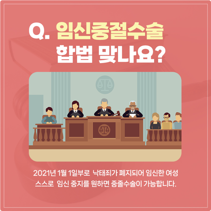 법정 일러스트와 함께 임신중절수술의 합법 여부를 설명하는 Q&A 카드